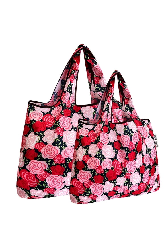 Large & Small Foldable Tote Nylon Reusable Grocery Bags, Set of 2, Pink Roses