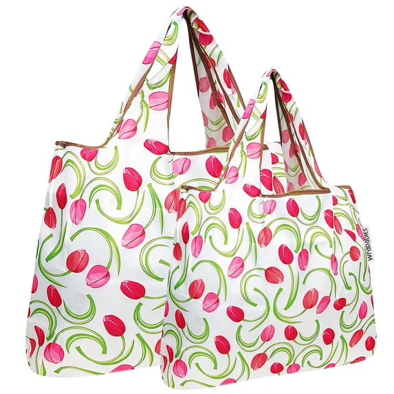 Wrapables Large & Small Foldable Tote Nylon Reusable Grocery Bags, Set of 2, Pink Tulips