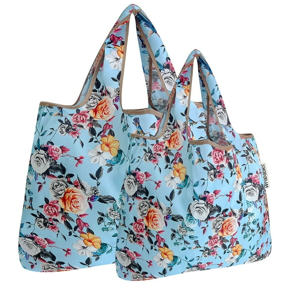 Wrapables Large & Small Foldable Tote Nylon Reusable Grocery Bags, Set of 2, Roses on Blue