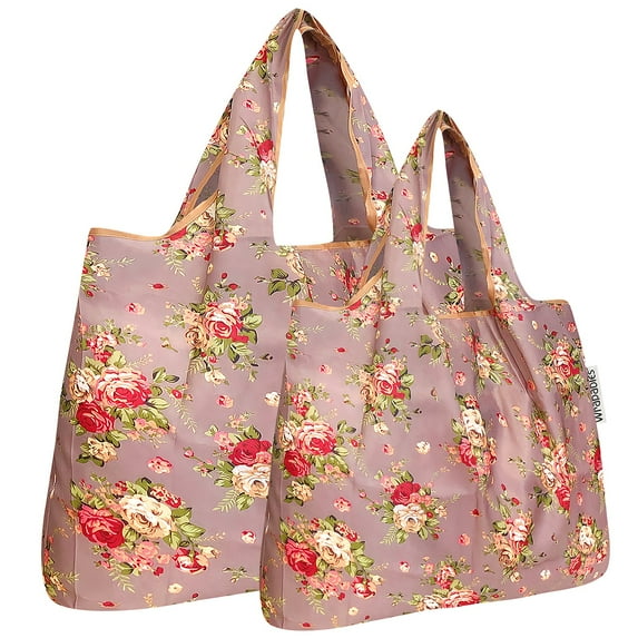 Wrapables Large & Small Foldable Tote Nylon Reusable Grocery Bags, Set of 2, Roses on Khaki