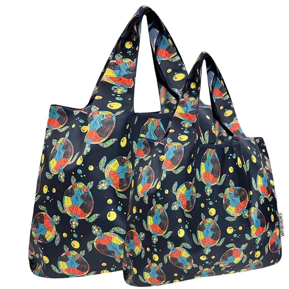 Wrapables Large & Small Foldable Tote Nylon Reusable Grocery Bags, Set of 2, Sea Turtles