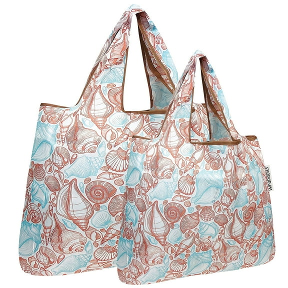 Wrapables Large & Small Foldable Tote Nylon Reusable Grocery Bags, Set of 2, Seashells