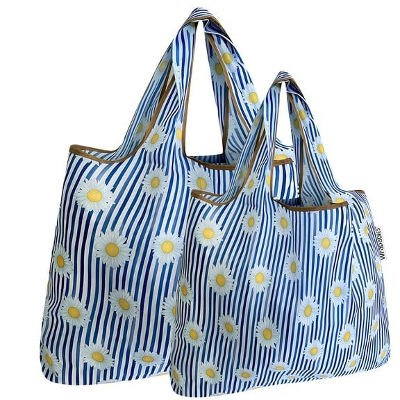 Wrapables Large & Small Foldable Tote Nylon Reusable Grocery Bags, Set of 2, Sprig
