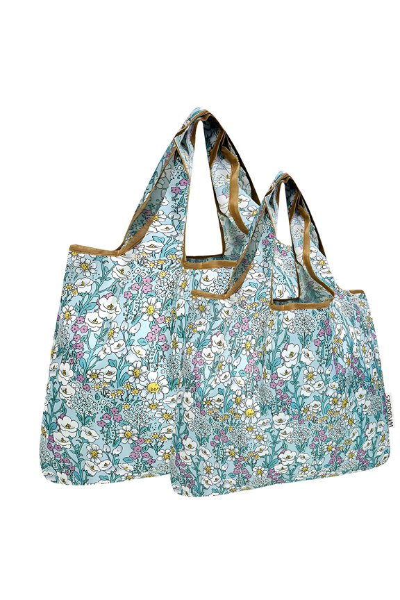 Large & Small Foldable Tote Nylon Reusable Grocery Bags, Set of 2, Spring Flora