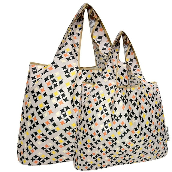 Wrapables Large & Small Foldable Tote Nylon Reusable Grocery Bags, Set of 2, Starry Gray