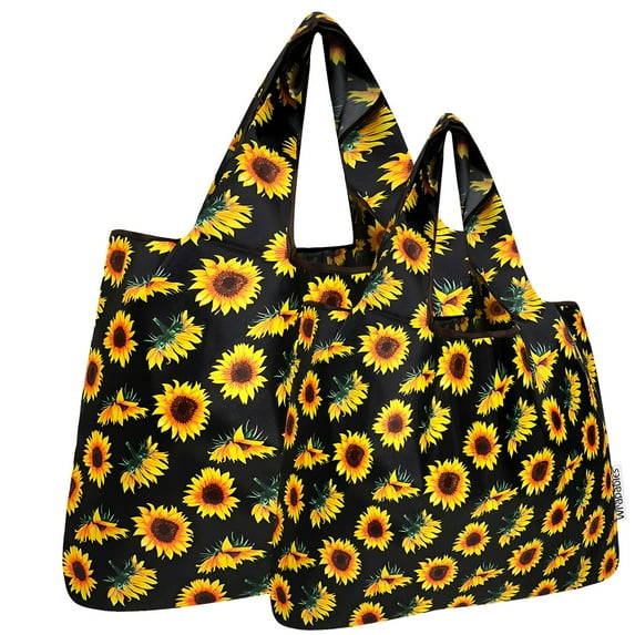 Wrapables Large & Small Foldable Tote Nylon Reusable Grocery Bags, Set of 2, Sunflowers