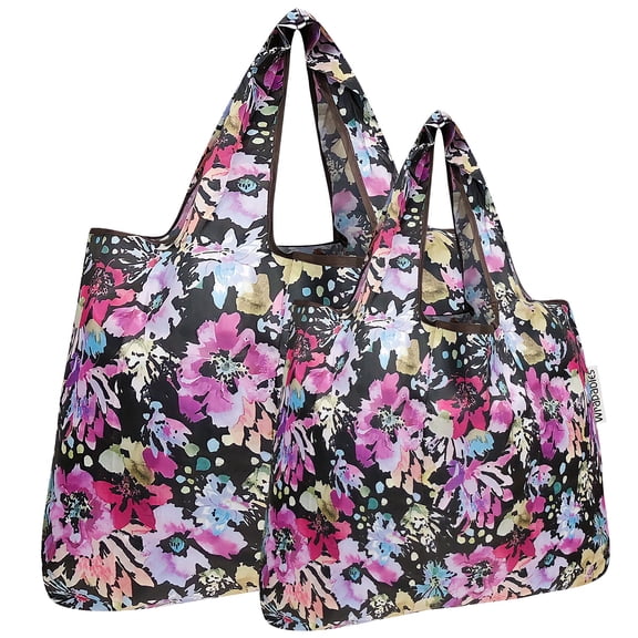 Wrapables Large & Small Foldable Tote Nylon Reusable Grocery Bags, Set of 2, Violet Flowers