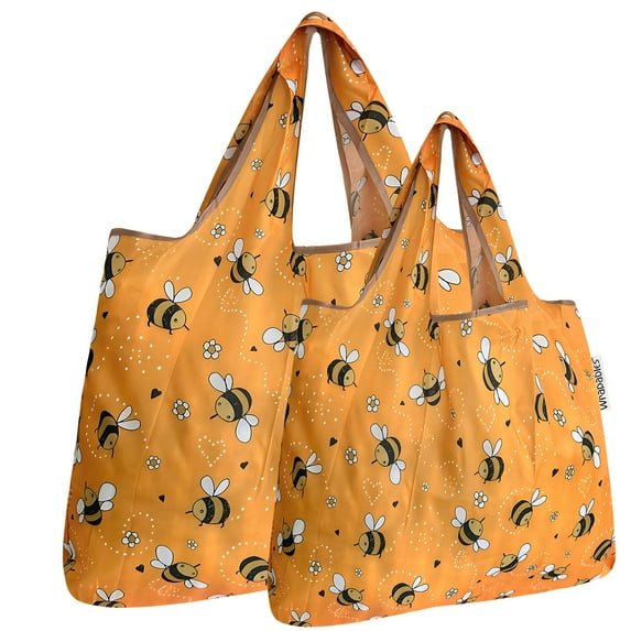 Wrapables Large & Small Foldable Tote Nylon Reusable Grocery Bags, Set of 2, Yellow Bees