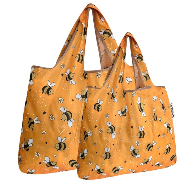 Wrapables Large & Small Foldable Tote Nylon Reusable Grocery Bags, Set of 2, Yellow Bees