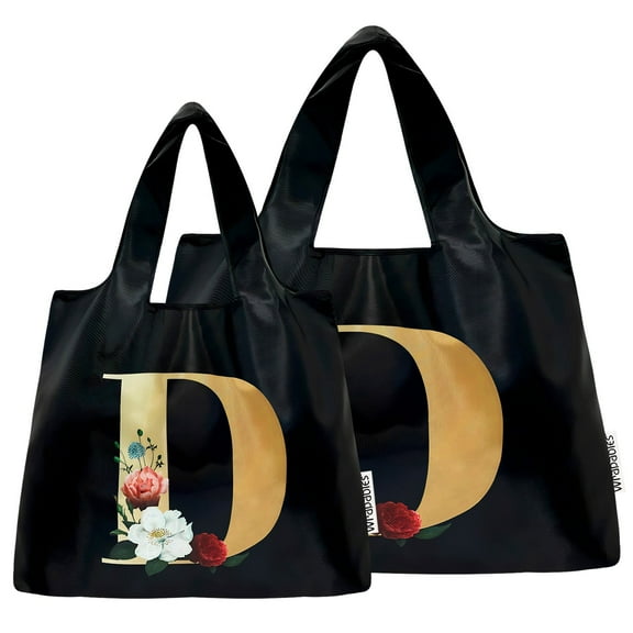 Wrapables Large & Small Nylon Reusable Grocery Bags, Initial Letter Tote Gift Bag for Wedding, Set of 2, Letter D