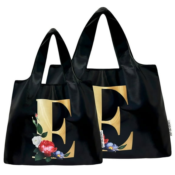 Wrapables Large & Small Nylon Reusable Grocery Bags, Initial Letter Tote Gift Bag for Wedding, Set of 2, Letter E