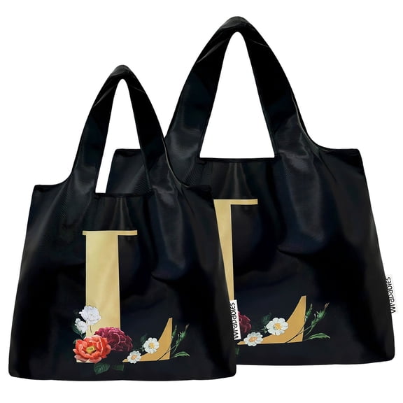 Wrapables Large & Small Nylon Reusable Grocery Bags, Initial Letter Tote Gift Bag for Wedding, Set of 2, Letter L