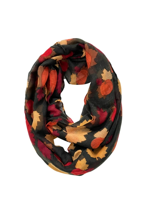 Lightweight Autumn Holiday Infinity Scarf, Maple Leaves & Pumpkins