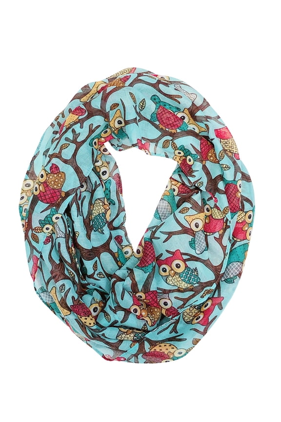 ® Lightweight Forest Animal Infinity Scarf, Fox, Owl, Moose Print Scarf, Owl Sky Blue