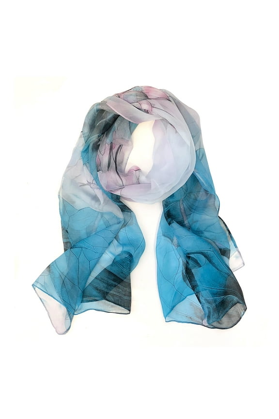 ® Lightweight Sheer Silky Feeling Chiffon Scarf, Blue Lotus Flower