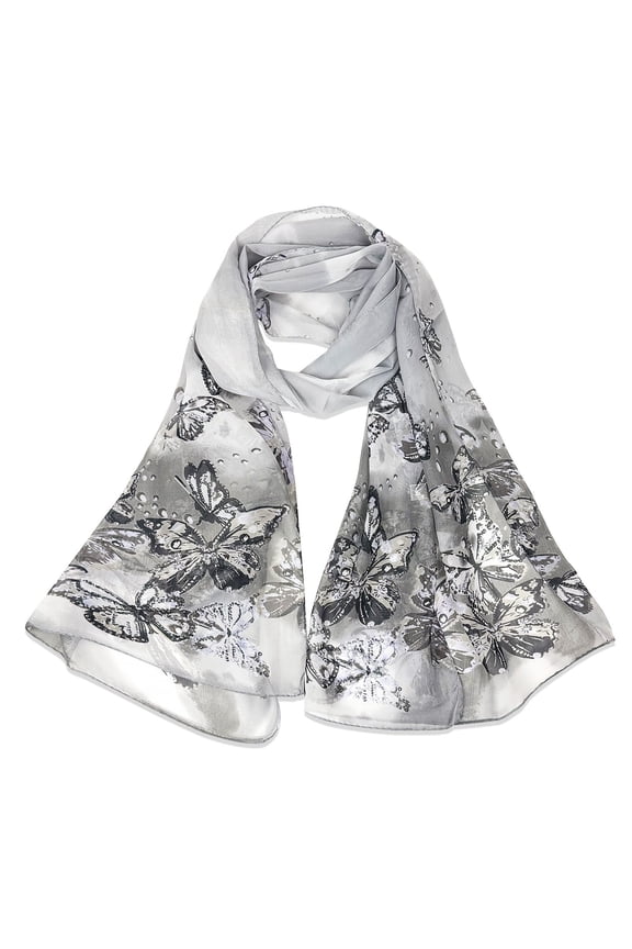 Lightweight Vibrant Spring Chiffon Scarf, Gray Butterflies