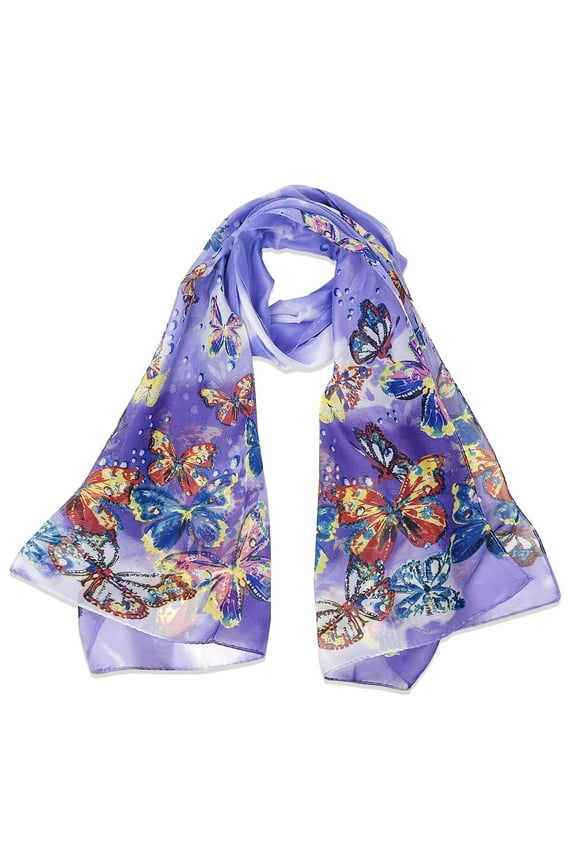 Lightweight Vibrant Spring Chiffon Scarf, Purple Butterflies