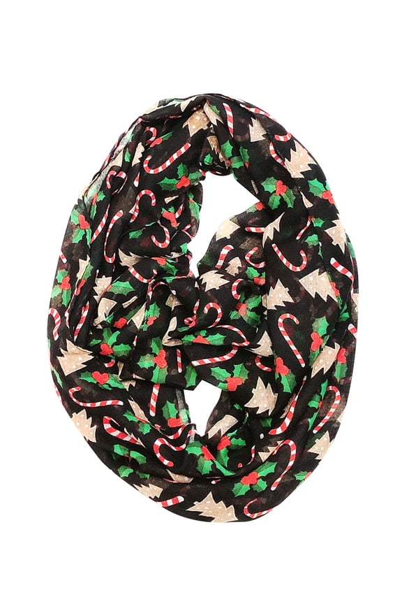 Lightweight Winter Holiday Infinity Scarf, Candy Canes & Mistletoe