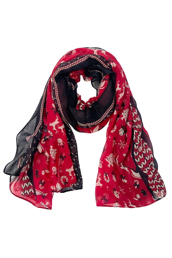 Lightweight Winter Holiday Scarf, Reindeer & Sled Red