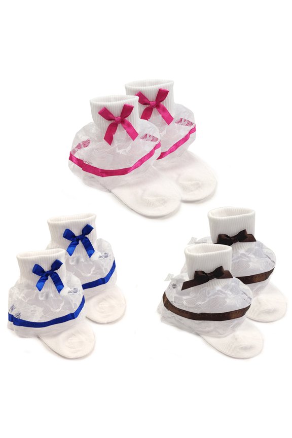 ® Lil Miss Bella Lace & Ribbon Ruffle Socks for Toddler Girl, Size 4-6 (Set of 3)- Navy Blue, Hot Pink, Brown