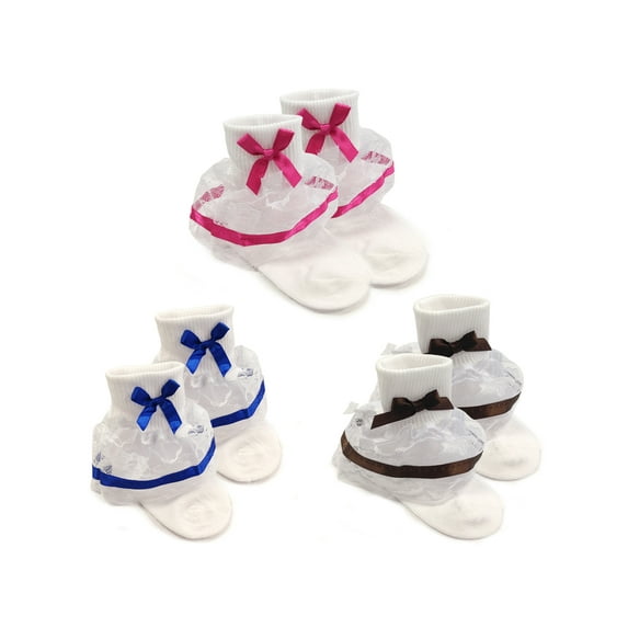 Wrapables® Lil Miss Bella Lace & Ribbon Ruffle Socks for Toddler Girl, Size 4-6 (Set of 3)- Navy Blue, Hot Pink, Brown