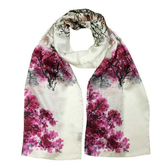 Wrapables® Luxurious 100% Charmeuse Silk Long Scarf with Hand Rolled Edges, Crimson Landscape