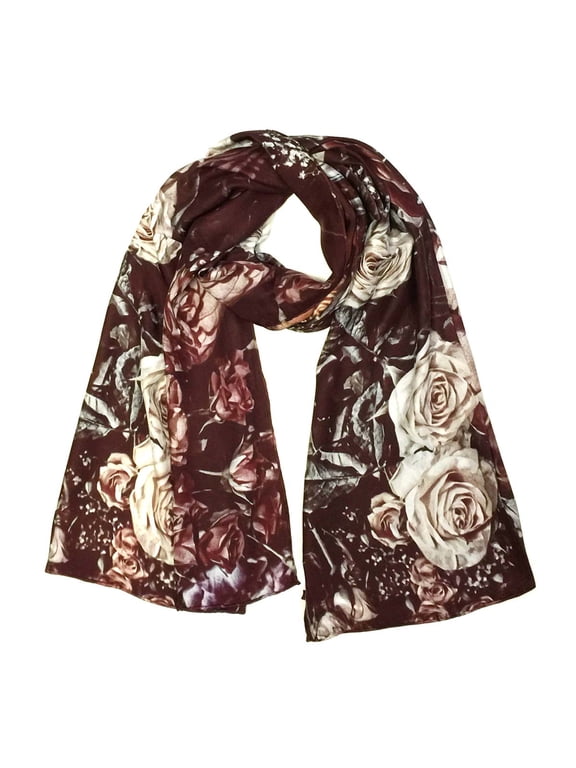 ® Luxurious 100% Charmeuse Silk Long Scarf with Hand Rolled Edges, Evening Roses