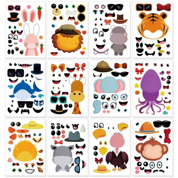 Wrapables Make Your Own Sticker Sheets, DIY Make a Face Animal, Food, Party Favor Stickers (24 Sheets), Zoo Animals