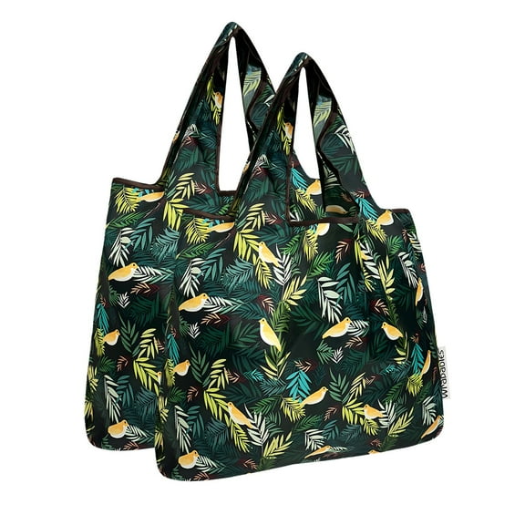 Wrapables Medium Foldable Tote Nylon Reusable Grocery Bag (Set of 2), Birds in Ferns