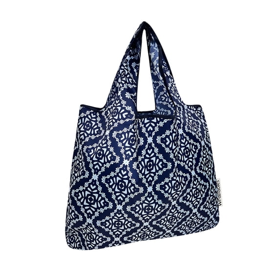 Wrapables Medium Foldable Tote Nylon Reusable Grocery Bags, Navy Deco