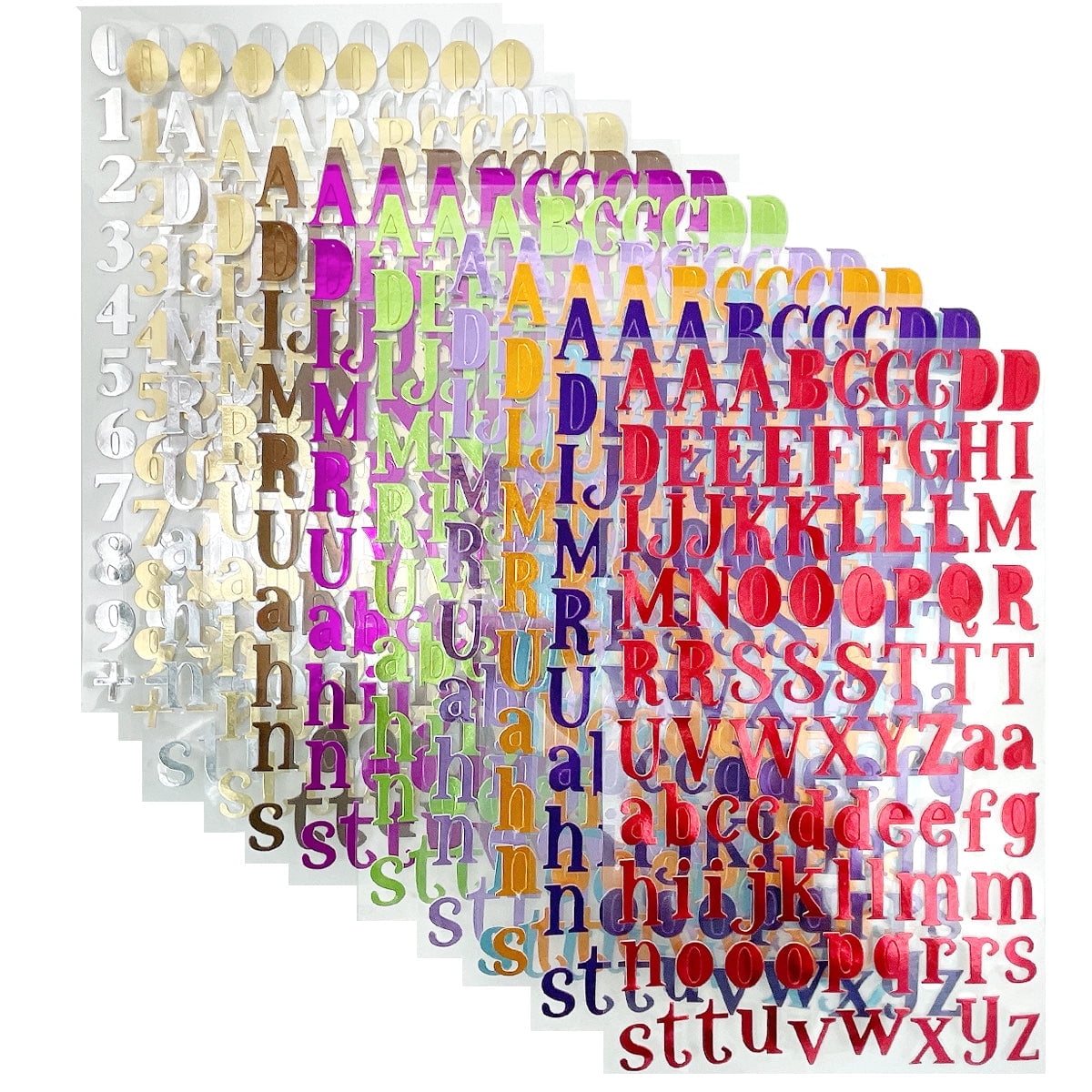 Wrapables Metallic Alphabet Letters and Numbers Adhesive Stickers for Scrapbooking, Stationery, Arts & Crafts Projects, Decals and Signage (12 Sheets)