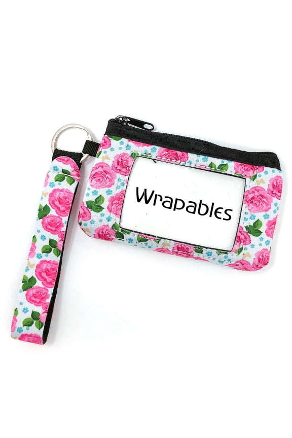 Neoprene Mini Wristlet Wallet / Credit Card ID Holder with Lanyard, Pink Roses