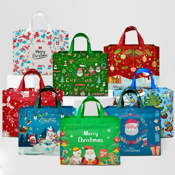 Wrapables Non-Woven Reusable Christmas Holidays Gift Bags with Handles for Gift Wrap, Parties, Favors and Treats (Set of 8)