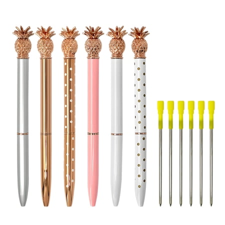 Wrapables Novelty Pineapple Ballpoint Pens, 1.0mm Medium Point Retractable Metal Pens with Refills (Set of 6 Pens + 6 Refills)