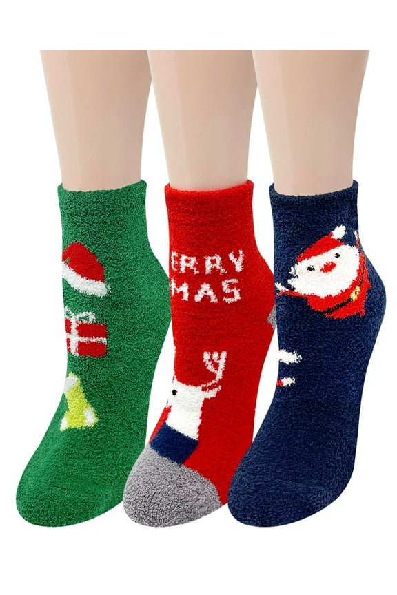 Novelty Winter Warm Christmas Fuzzy Slipper Socks for Women (Set of 3), Merry Xmas