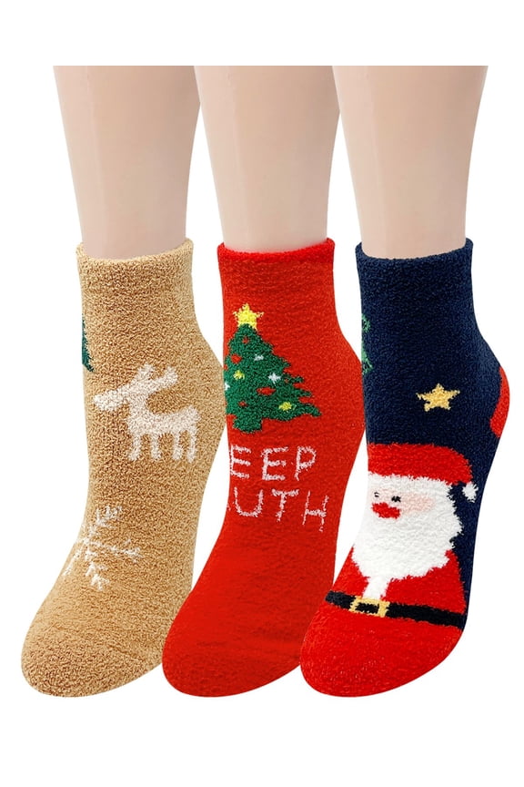 Novelty Winter Warm Christmas Fuzzy Slipper Socks for Women (Set of 3), Santa