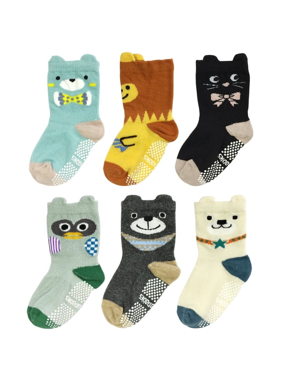 ® Peek A Boo Animal Non-Skid Toddler Socks (Set of 6), Bears and Buddies (Large)