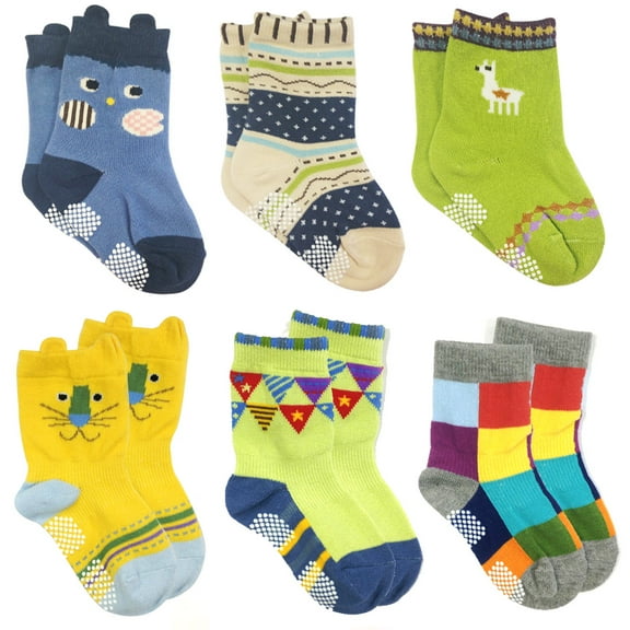 Wrapables® Peek A Boo Animal Non-Skid Toddler Socks (Set of 6), Owl and Lion (Large)