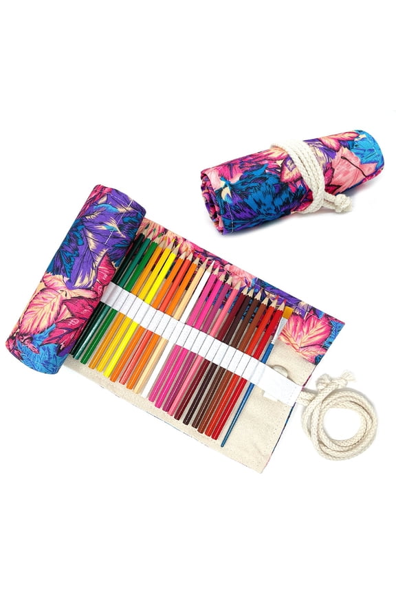 Pencil Roll Organizer, Colored Pencil Wrap Pouch (72 slots), Vibrant Leaves