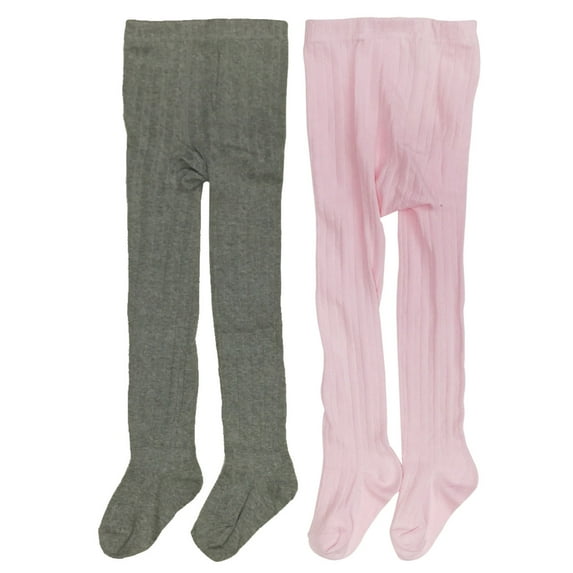 Wrapables® Pink and Gray Thick Winter Cotton Ribbed Tights for Girls (Set of 2), 6-8 Years