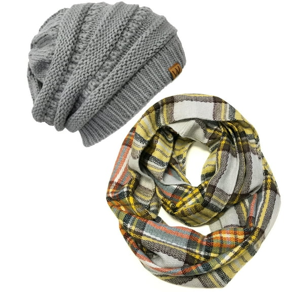 Wrapables® Plaid Print Infinity Scarf and Beanie Hat Set, Tan/Orange and Gray