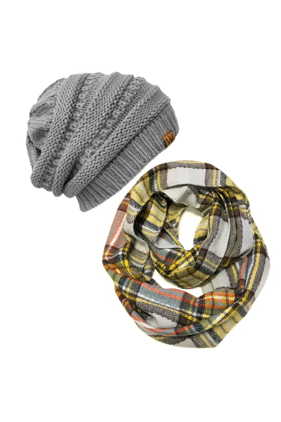 ® Plaid Print Infinity Scarf and Beanie Hat Set, Tan/Orange and Gray