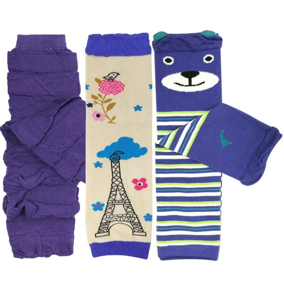 Wrapables Playful Patterns Baby & Toddler Leg Warmers (Set of 3), Purple Tower, Ruffle, Bear