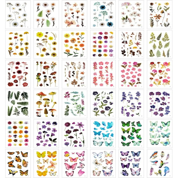 Wrapables Pressed Flowers PET Stickers for Scrapbooking, Junk Journals, Stationery, Card Making, DIY, Arts and Crafts, Water Bottles, Phones, Laptops (480pcs), 36 Sheets