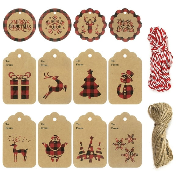 Wrapables Red Plaid Christmas Holiday Gift Tags/Kraft Paper Hang Tags with Bakers Twine and Jute String for Gift-Wrapping, Labeling, Package Decoration (120pcs)