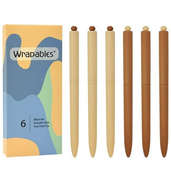 Wrapables Retractable Black Ink Gel Pens, 0.5mm Fine Point, for Home Office Work (Set of 6), Sepia
