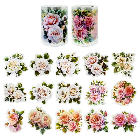 Wrapables Romantic Floral PET Tape, Pre-Cut Stickers for Scrapbooking, Stationery, Journaling, Diary, Card Making (Set of 2), Ivory and Pink