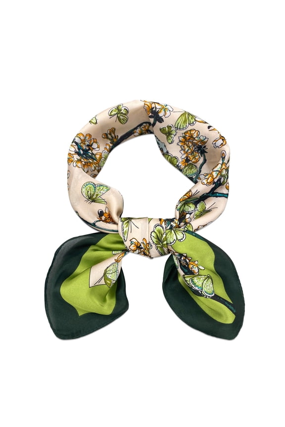 Satin Neckerchief Square Scarf 26.5 x 26.5 Inches, Green Butterflies