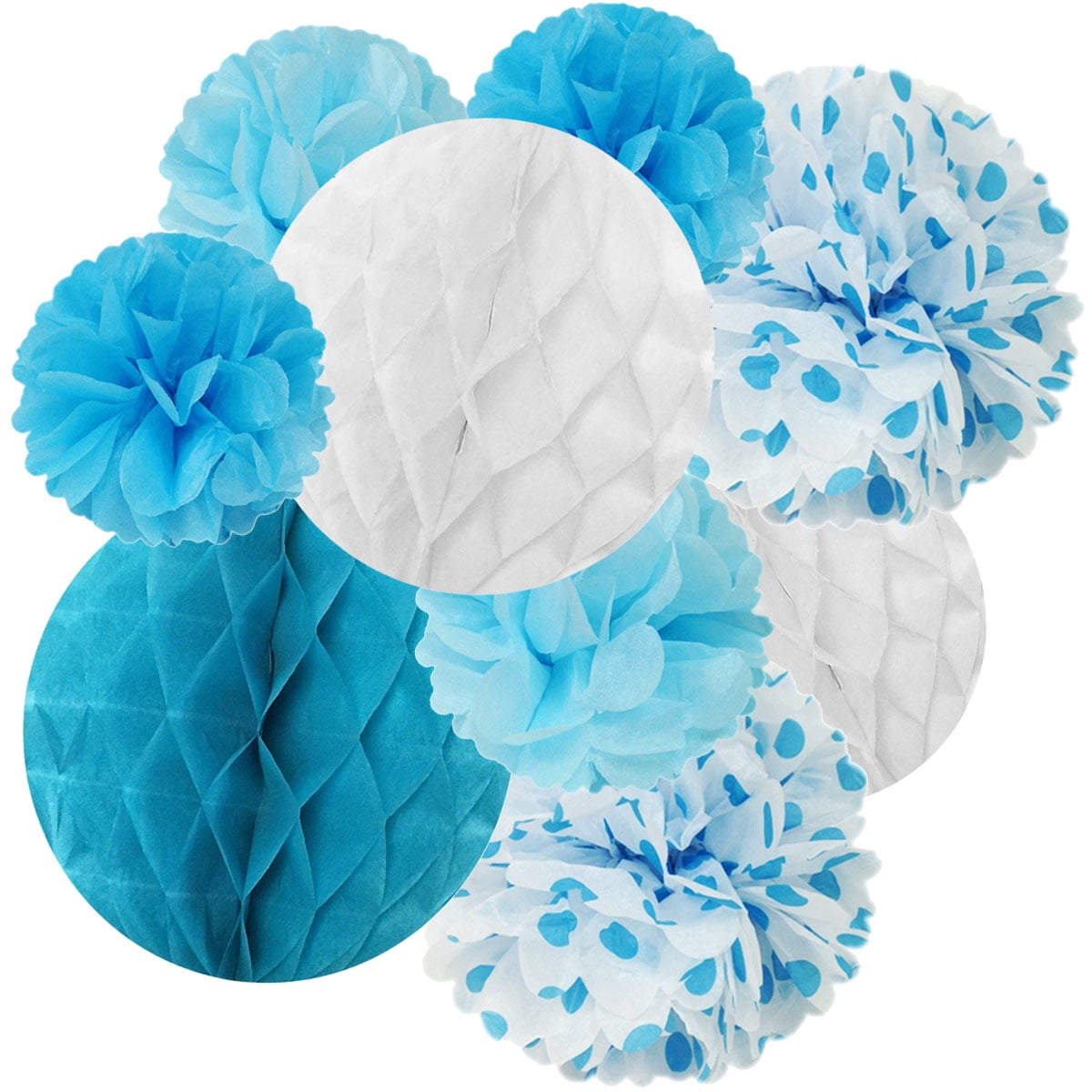 Wrapables® Set of 21 Tissue Honeycomb Ball and Pom Pom Party Decorations for Weddings, Birthday Parties Baby Showers and Nursery Decor, Blue/ Light Blue/ Aqua/ White