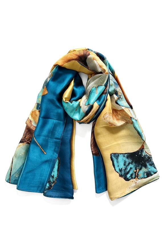 Silk Like Satin Polyester Large Scarf Wrap, Gingko Blue & Gold